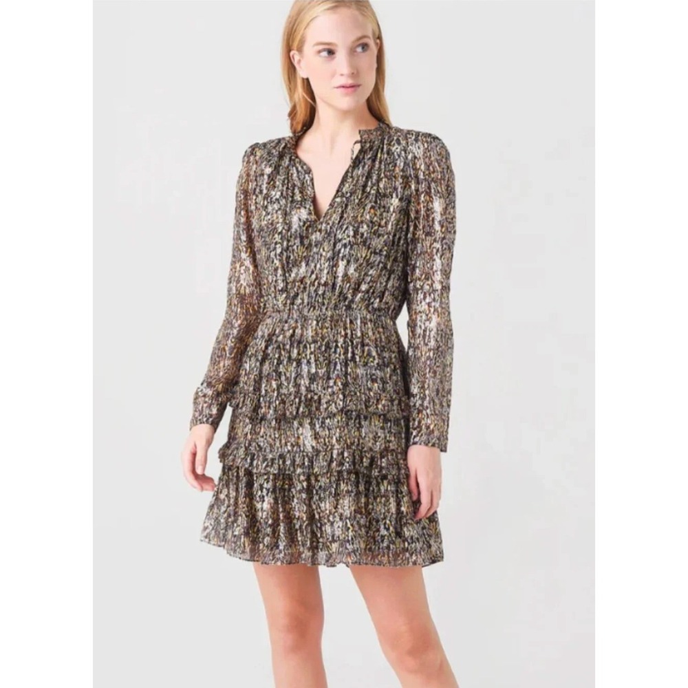 Ba&sh Floral Mini Dress Small Metallic Viscose Long Sleeve Smocked Tiered Boho